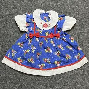 Vintage Young Hearts Blue Floral Dress with White‎ Collar & Bows Size 2T